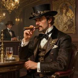 a cinematic scene male steampunk gentleman in a cuban cigar bar, intricate, elegant, highly detailed, digital painting, artstation, concept art, smooth, sharp focus, illustration, art by artgerm and greg rutkowski and alphonse mucha