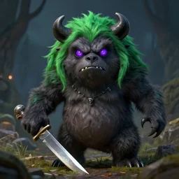 Dungoen and Dragons bugbear with green hair and purple eyes he looks angry at his knife