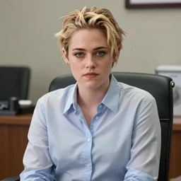 film still of kristen stewart sitting in office, short blonde hair, beautiful face, wearing shirt, realistic proportions, ink, black and white, illustration, cinematic composition, lineart, clean lines, travis charest, phil noto, gary millidge, sean phillips