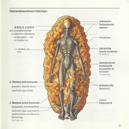 a highly detailed scan of a single page of medical instructions detailing the biology of aliens covered in tremella - fuciformis with, intricate, full body