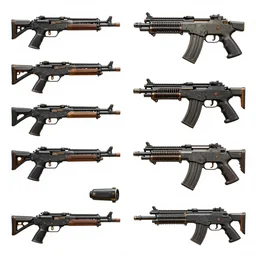 Plataform Game assets,  machine guns weapons, various items, sci-fi style, trending on artstation, HD, Octane render, smooth, sharp focus
