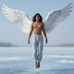 angel avan jogia with white-gray wings. shirtless and sweatpants. Floating above frozen landscape. Smooth brown skin. Long black hair. Distant full body shot. Style of detailed urban fantasy digital art, trending on artstation, artgerm, deviantart