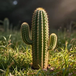 a cactus gnome in a field of grass, gnome cactus hybrid, warm dynamic lighting, detailed