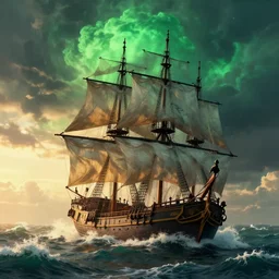 pirate sloop, heavy winds, huge waves, supernatural green clouds, sunset, dramatic lighting, digital art, behance, artstation, hd
