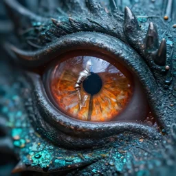 a macro zoom on a dragon eye reflecting a knight.