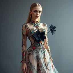 royal evening hypersexual transparent dress made of multicolored stones and threads intricately intertwined patterns., black flowers from long scraps of fabric.. hyperrealistic - clear details, beautiful model. a masterpiece