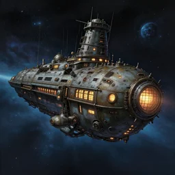 a wholesome animation 3. 4 side view key shot of massive medieval retro futuristic dieselpunk cruise spaceship with window lights sailing the interstellar space winds by studio ghibli, animation, sharp, rendered in unreal engine 5, focused, anime key art by greg rutkowski, donato giancola, bloom, dramatic lighting