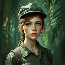 portrait of a beautiful girl in a dense jungle, staring, military clothes, pastel colors, beautiful face, rule of thirds, spotlight, drips of paint, expressive, passionate, by mandy jurgens, by vincent van gogh, digital painting