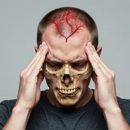 Headache physically pulled from a skull, pulling red veins out of forehead, funny