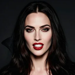 portrait of megan fox as a vampire showing her sharp teeth, by charlotte grimm, studio light, detailed face, canon eos c 3 0 0, ƒ 1. 8, 3 5 mm, 8 k, medium - format print, half body shot