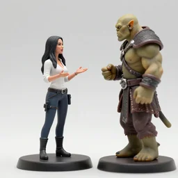 80mm resin detailed Miniature of Megan Fox in white shirts is talking with An Orc Warrior; Image on the store website, eBay