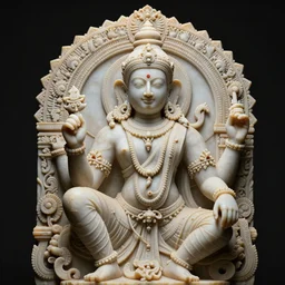 a complex and baroque statue of india tibisay in white marble full of intrincate and ornamental details, dramatic lighting, 4k, black background, 90mm, sharp focus.