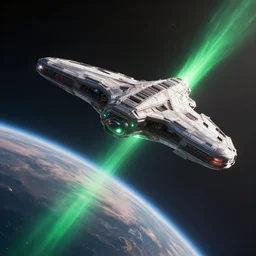 interstellar alien ship with green flaire attacks a planet, high detailed, cinematic compostion, artstation trending