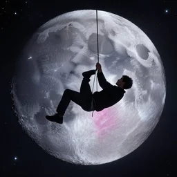 a man hanging from the moon. the universe as a background.