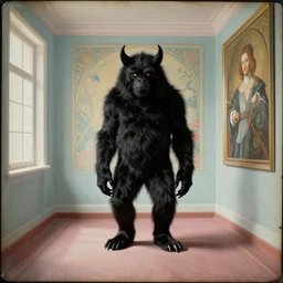 a black monster in a room, daguerreotype by edward hopper, by henri rousseau, by Bosch, by Pontormo, art noveau, highly detailed, strong lights, liminal, eerie, Bright pastel colors, octane render, 8k,