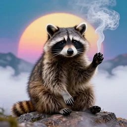 huge stoned racoon sitting on a mountain smoking clouds, LSD vision