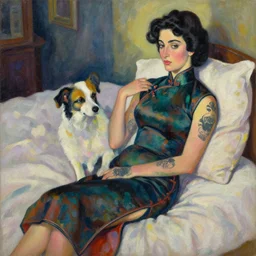 a beautiful painting elizabeth taylor dog, cheongsam, bed black tattoos, by amedeo modigliani by picasso octane render realistic oil painting