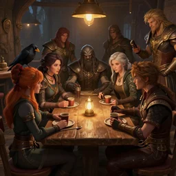 fantasy characters crowding around a table in a tavern, ambient light, digital art, trending on artstation