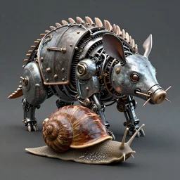 an industrial design render of an advanced robotic biomorph armadillo behind a snail, industrial, biomimetic, bionic, steampunk, 3D octane render, 8K, artstation