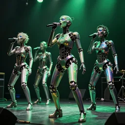 hyperrealistic post-punk mechanical iridescent humanoids singing on a stage concept art santiago caruso de chirico sharp dramatic green light 8k low angle shallow depth of field