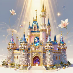 detailed illustrations of castles made of gemstones and pearl with gold accents, refractive and reflective, god rays, bloom, by by ruan jia, by conrad roset, by yoshitaka amano, cgsociety, artstation.