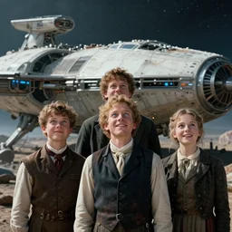 sharp, highly detailed, film from a blockbuster sci fi 8 k color movie, set in 1 8 6 0, family standing in front of a crashed spaceship, on alien planet, looking happy, wearing 1 8 5 0 s era clothes, atmospheric lighting, in focus, reflective eyes, 3 5 mm macro lens, live action, nice composition, good photography, clear facial details