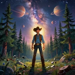 psychedelic, trippy, pine forest, broken cowboy, planets, milky way, cartoon by rob gonsalves