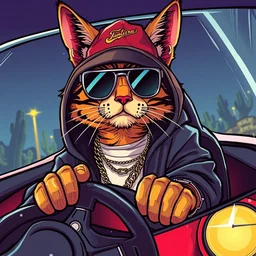a cartoon gangster rapper cat, super fashionable driving a lamborghini, in tucson arizona, style by moebius and kim jung gi and barlowe wayne, cartoony glitch art
