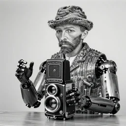 photo of vincent van gogh as a mechanical robot by diane arbus, black and white, high contrast, rolleiflex, 5 5 mm f / 4 lens