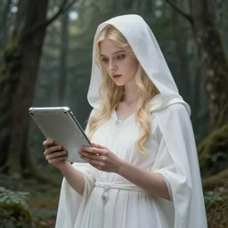 portrait of the goddess of memory standing next to a silver tablet in a forest, white hood, white dress, blonde, fantasy, magical, spiritual, detailed and intricate, elegant, highly detailed, digital painting, trending on artstation, by wlop, 4 k octane render
