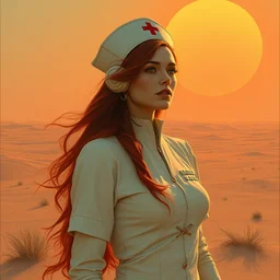 portrait of a nurse cyborg with long red hair, blazing sun, in a huge desert, by emile friant and moebius