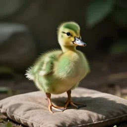 a photo of a very cute green flurry duckling standing on a comfy cushion