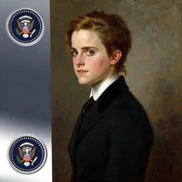 official side portrait of united states president emma watson, in a black suit, 1 9 2 6, a character portrait by cassius marcellus coolidge, reddit contest winner, american romanticism, oil on canvas, detailed painting, creative commons attribution