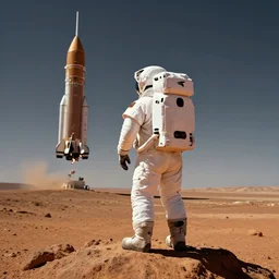 Detailed photo of an astronaut seen from behind, he is standing on top of mount Venus on Mars, he is watching the Starship Super Heavy landing at the background, by Jordan Grimmer, digital art, trending on Artstation,