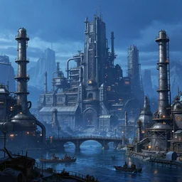 beautiful steampunk landscape, industrial city, matte painting, blue colors