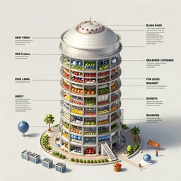 schematic of a 100 floor nuclear bunker, with food production, energy production and storage, and highly detailed logistics
