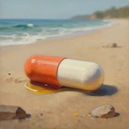 an oil painting of an antibiotic pill at the beach, illustration, cinematic lighting, establishing shot