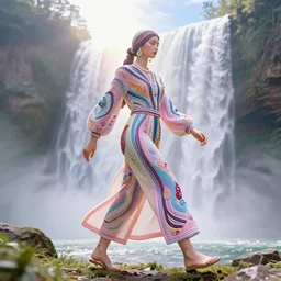 techno - embroidered human decorated with filigree and beads walks by a waterfall in the sky, safe for work, vivid pastel color scheme, by award - winning concept artist, dynamic composition, backlighting, radiant light