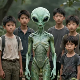 photograph of first alien on earth, posing among humans, in group photograph, 4k, hyper realistic