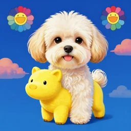 a frontal portait drawing of a cream colored havanese riding a yellow sugar one, blue background and colorful clouds by takashi murakami, beeple and james jean, aya takano color style, trippy, 8 k, super detailed, night sky, digital art, digital painting, clean