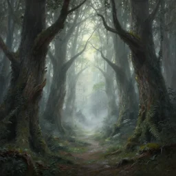 an old elven wood, a view to an eerie fantasy world, portal to new york ethereal back light, mist, coherent composition, detailed fantasy painting by noriyoshi ohrai