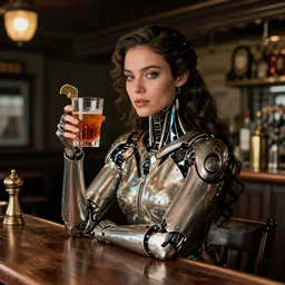 cinematography of a beautiful cyborg woman in a vintage western bar alone asking for a drink by Emmanuel Lubezki