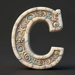 a 3 d render of letter c made from marble, the style of rococo, c letter : 9, calligraphy, intricate details, ancient swirls, pastel colors, colorful, octane render, digital painting, hyperdetails, hand carved, unreal engine, engraving, letter design, type design, featured behance type design, ivory and black marble, museum piece, dynamic light,