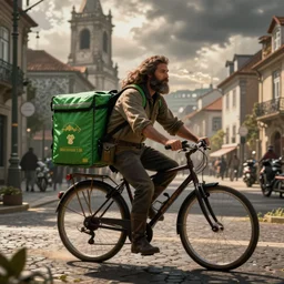 a bearded and long haired bicycle food delivery worker with a green bag on his back in rossio lisbon, he has boots, epic fantasy style art by kim jung gi, fantasy epic digital art