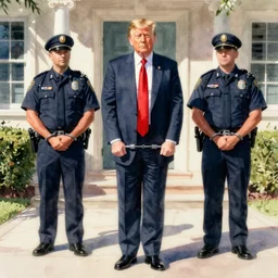donald trump being escorted out mar-a-lago in handcuffs by the fbi. watercolor