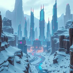 alien planet capital featuring enormous modern buildings!!!, vast tron neon city district!!!, blue ice antelope canyon snowy winter backdrop, megalophobia, 4 k wallpaper, blender