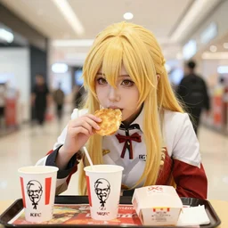 photo still of real life lucina fire emblem eating kfc in a mall, 8 k, 8 5 mm f 1. 8