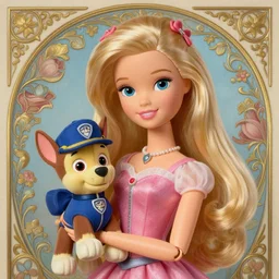 beautiful cottagecore Barbie holding a Paw Patrol Plushie, intricate, elegant, highly detailed, digital painting, artstation, concept art, smooth, sharp, focus, illustration, art by artgerm and greg rutkowski and alphonse mucha