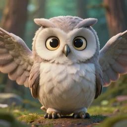 high resolution, cinematic, anthropomorphic owl character, fluffy puffed up feathers, wings spread, funny expressive face, made in 3 d, collectable statue, octane render, friendly face, large eyes, super cute, forrest background, realistic detailed hyperrealistic, depth of field, sharp focus, volumetric lighting by studio ghibli