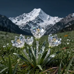 crystal flowers on a field of grass, octane render uhd, filmic lighting, cinematic art shot, hyperrealistic, hyperdetailed, super detailed, 8 k, high resolution, 8 k uhd, mega high white mountain, midnight